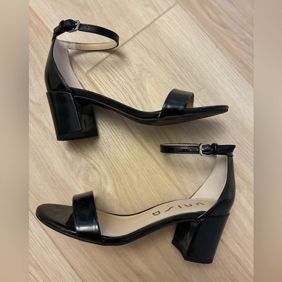 Unisa Shoes - Unisa Black Patent style Ankle-Strap Block Heels